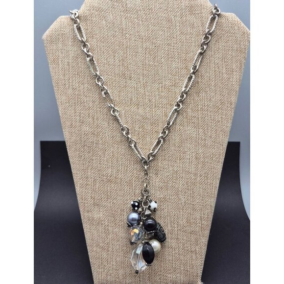 Silver Tone Toggle Necklace Textured Link Multi Beaded Pendant Dangle Tassel 20" - Picture 6 of 10